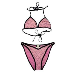 CHANEL Vintage 95P Matelasse Swimwear Bikini Set #36 Pink Black Nylon [106314]